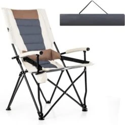 COSTWAY Chaise Pliante Camping Charge 150 KG, Fauteuil Pliant Camping Extérieur Portable Cadre Métal, Porte-Gobelet, Dossier Haut, Accoudoirs, Coussin Lombaire, Pour Plage, Pique-Nique, Jardin, Pêche