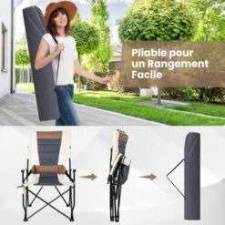 COSTWAY Chaise Pliante Camping Charge 150 KG, Fauteuil Pliant Camping Extérieur Portable Cadre Métal, Porte-Gobelet, Dossier Haut, Accoudoirs, Coussin Lombaire, Pour Plage, Pique-Nique, Jardin, Pêche -Promos Garde Plante Boutique 95979993 3