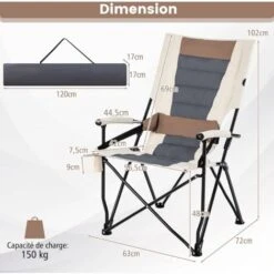 COSTWAY Chaise Pliante Camping Charge 150 KG, Fauteuil Pliant Camping Extérieur Portable Cadre Métal, Porte-Gobelet, Dossier Haut, Accoudoirs, Coussin Lombaire, Pour Plage, Pique-Nique, Jardin, Pêche -Promos Garde Plante Boutique 95979993 4