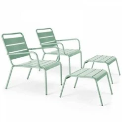 Lot De 2 Fauteuils Relax Avec Repose-pieds En Métal Vert Sauge - Palavas