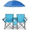 COSTWAY Chaise De Camping Pliante, Fauteuil De Jardin 2 Places Avec Glacière, Porte-gobelet, Parasol, Sac,152x52x85CM, Charge Max 113 KG, Pour Randonnée, Plage, Pêche (Turquoise)