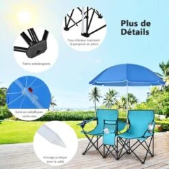 COSTWAY Chaise De Camping Pliante, Fauteuil De Jardin 2 Places Avec Glacière, Porte-gobelet, Parasol, Sac,152x52x85CM, Charge Max 113 KG, Pour Randonnée, Plage, Pêche (Turquoise) -Promos Garde Plante Boutique 96351045 3