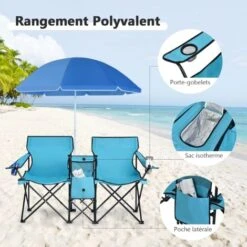 COSTWAY Chaise De Camping Pliante, Fauteuil De Jardin 2 Places Avec Glacière, Porte-gobelet, Parasol, Sac,152x52x85CM, Charge Max 113 KG, Pour Randonnée, Plage, Pêche (Turquoise) -Promos Garde Plante Boutique 96351045 4