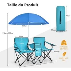 COSTWAY Chaise De Camping Pliante, Fauteuil De Jardin 2 Places Avec Glacière, Porte-gobelet, Parasol, Sac,152x52x85CM, Charge Max 113 KG, Pour Randonnée, Plage, Pêche (Turquoise) -Promos Garde Plante Boutique 96351045 5