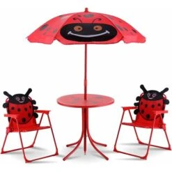GIANTEX Ensemble De Jardin Pour Enfant Avec Parasol, Table Pour Enfant Pliable, 2 Chaises, Meubles Pour Jardin, Camping, Terrasse, Rouge