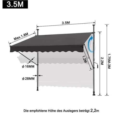 Store De Balcon Rétractable - 350 X 120 Cm, Avec Manivelle, Sans Perçage, Hauteur Réglable, Protection UV - Gris Foncé NAIZY 4 Store De Balcon Rétractable - 350 X 120 Cm, Avec Manivelle, Sans Perçage, Hauteur Réglable, Protection UV - Gris Foncé NAIZY – Image 2