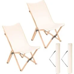 COSTWAY Chaise De Jardin Extérieur Lot De 2 Style Papillon, Chaise Pliante Camping Portable Bambou Avec Sac, Chaise Extérieur Intérieur Pour Pique-Nique Pêche Salon, Charge 150 KG, Beige