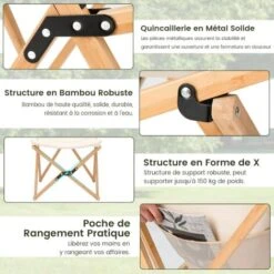 COSTWAY Chaise De Jardin Extérieur Lot De 2 Style Papillon, Chaise Pliante Camping Portable Bambou Avec Sac, Chaise Extérieur Intérieur Pour Pique-Nique Pêche Salon, Charge 150 KG, Beige -Promos Garde Plante Boutique 99725688 4
