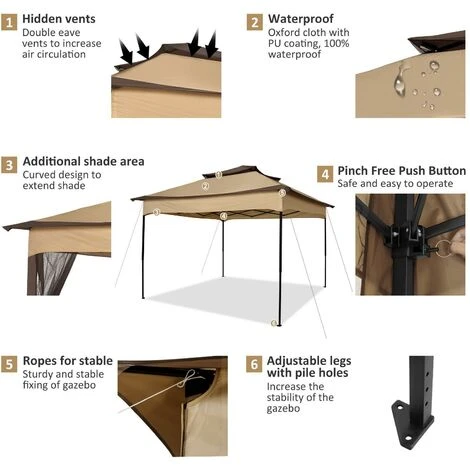 3x3m Tonnelle Pliante De Jardin Imperméable Extérieure Avec Moustiquaire - Pavillon Anti-UV Pour L'ombre Et La Pluie Avec Gaze Et Sac De Transport - Pour Patio, Jardin, Terrasse, Brun+Café 5 3x3m Tonnelle Pliante De Jardin Imperméable Extérieure Avec Moustiquaire - Pavillon Anti-UV Pour L'ombre Et La Pluie Avec Gaze Et Sac De Transport - Pour Patio, Jardin, Terrasse, Brun+Café – Image 3