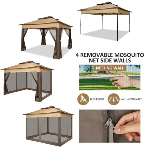 3x3m Tonnelle Pliante De Jardin Imperméable Extérieure Avec Moustiquaire - Pavillon Anti-UV Pour L'ombre Et La Pluie Avec Gaze Et Sac De Transport - Pour Patio, Jardin, Terrasse, Brun+Café 6 3x3m Tonnelle Pliante De Jardin Imperméable Extérieure Avec Moustiquaire - Pavillon Anti-UV Pour L'ombre Et La Pluie Avec Gaze Et Sac De Transport - Pour Patio, Jardin, Terrasse, Brun+Café – Image 4