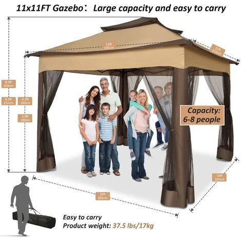 3x3m Tonnelle Pliante De Jardin Imperméable Extérieure Avec Moustiquaire - Pavillon Anti-UV Pour L'ombre Et La Pluie Avec Gaze Et Sac De Transport - Pour Patio, Jardin, Terrasse, Brun+Café 7 3x3m Tonnelle Pliante De Jardin Imperméable Extérieure Avec Moustiquaire - Pavillon Anti-UV Pour L'ombre Et La Pluie Avec Gaze Et Sac De Transport - Pour Patio, Jardin, Terrasse, Brun+Café – Image 5